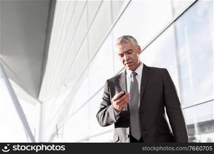 Mature businessman standing while using smartphone in airport