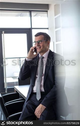 Mature businessman talking on mobile phone in board room