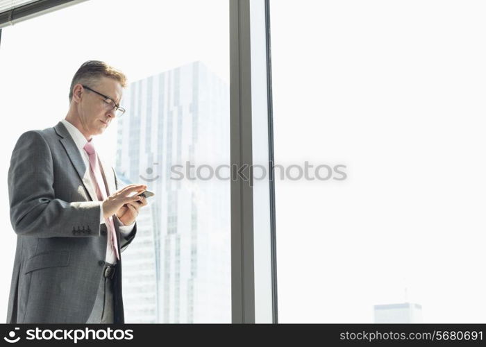 Mature businessman using cell phone by window