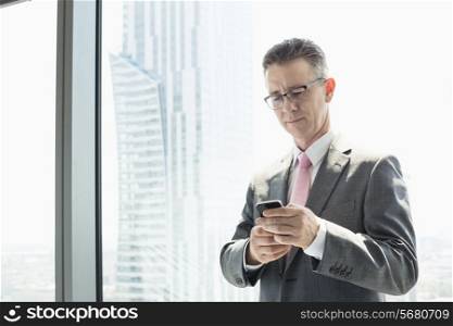 Mature businessman using cell phone by window