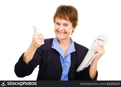 Mature businesswoman looking for a job gives a thumbs-up sign. Isolated on white.