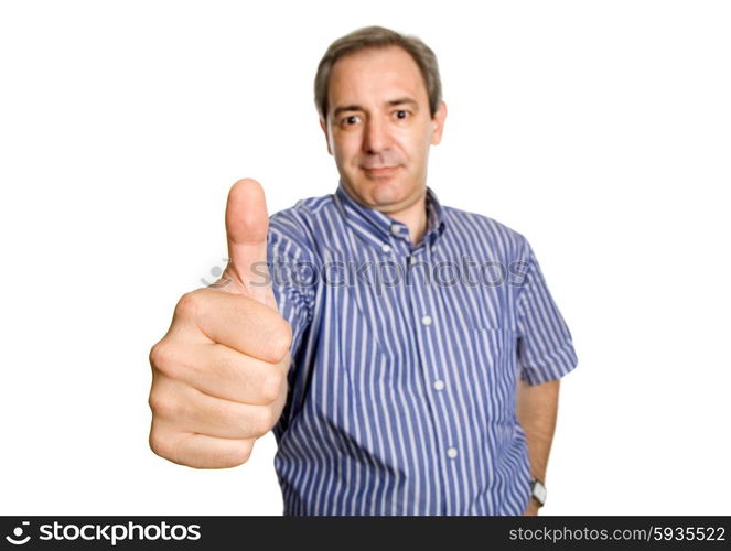 mature casual man going thumb up, focus on the hand