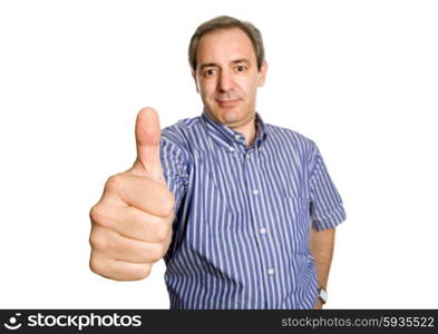 mature casual man going thumb up, focus on the hand