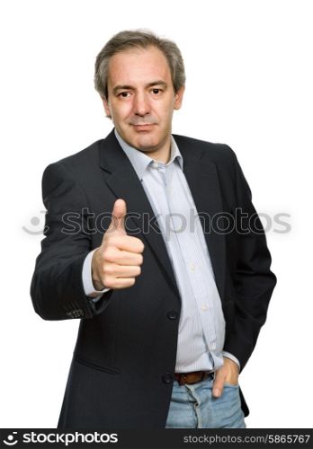 mature casual man portrait going thumb up