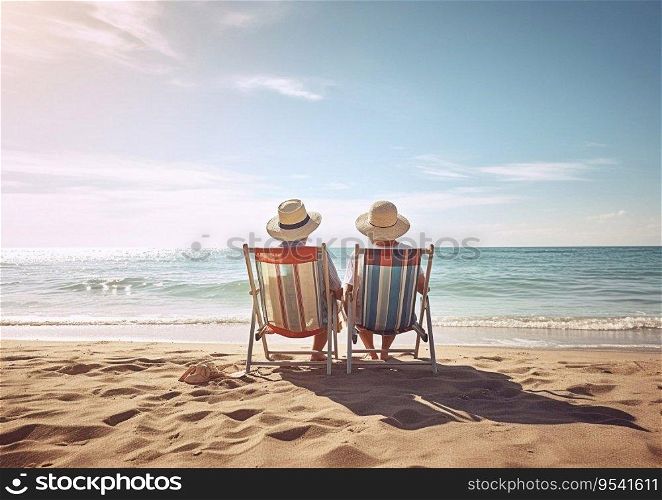 Mature couple on vacation seating on sun beds and looking at sea.AI Generative