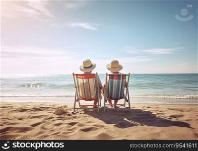 Mature couple on vacation seating on sun beds and looking at sea.AI Generative