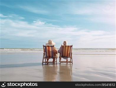 Mature couple on vacation seating on sun beds and looking at the ocean.AI Generative