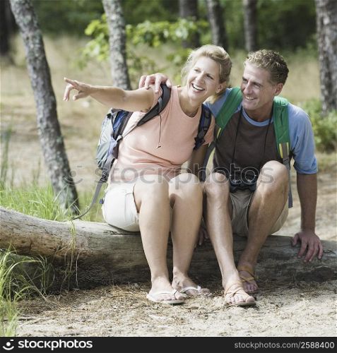 Mature couple sitting on a tree trunk in a forest and pointing