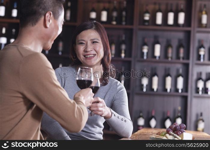 Mature Couple Toasting and Enjoying Themselves Drinking Wine, Focus on Female