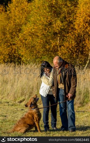 Mature couple training retriever dog autumn walk in sunset park