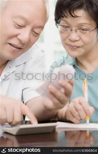 Mature couple using a calculator