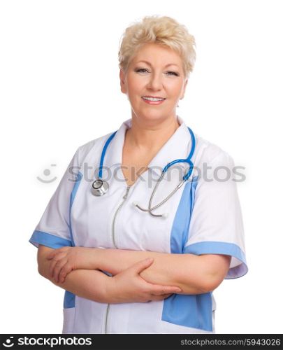 Mature doctor isolated on white