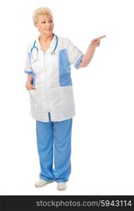 Mature doctor shows pointing gesture isolated