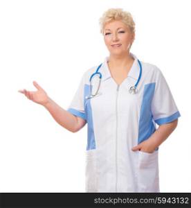 Mature doctor shows welcome gesture isolated