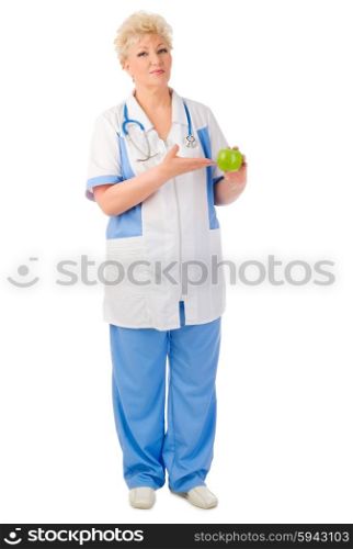 Mature doctor with apple isolated