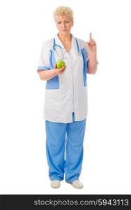 Mature doctor with apple isolated