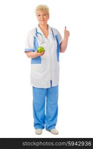 Mature doctor with apple shows ok gesture isolated