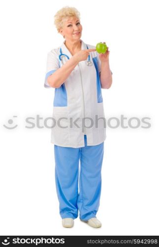 Mature doctor with green apple isolated