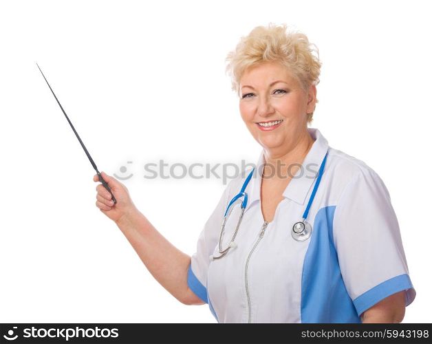 Mature doctor with pointer isolated