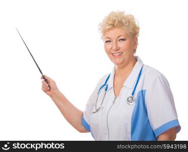 Mature doctor with pointer isolated
