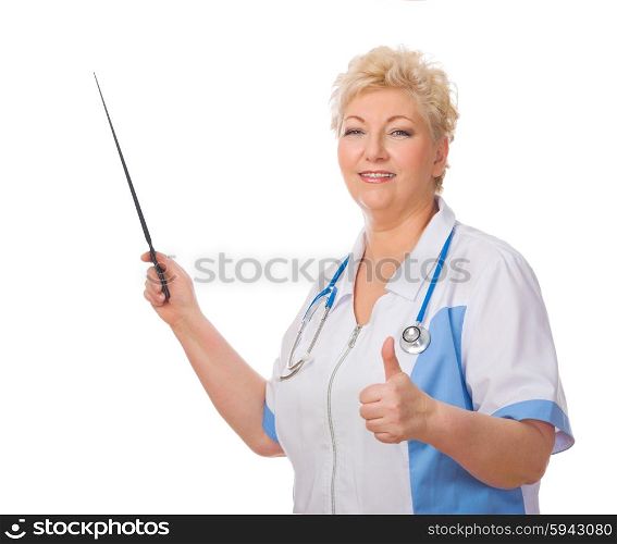 Mature doctor with pointer shows ok sign isolated
