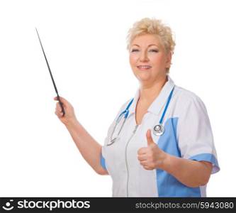 Mature doctor with pointer shows ok sign isolated