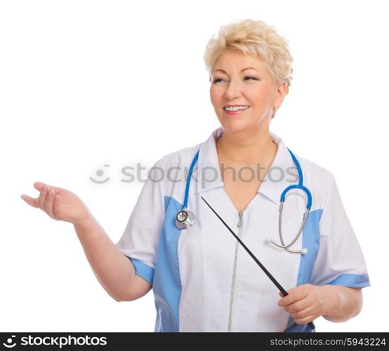 Mature doctor with pointer stick isolated