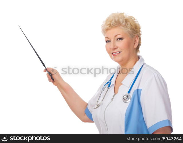 Mature doctor with pointer stick isolated