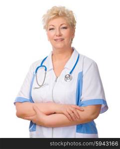 Mature doctor with stethoscope isolated