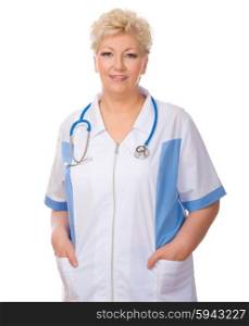Mature doctor with stethoscope isolated