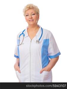 Mature doctor with stethoscope isolated on white