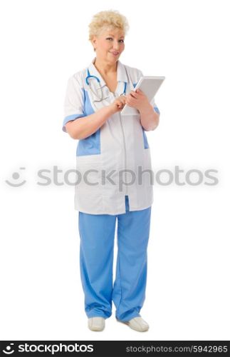 Mature doctor with tablet PC isolated
