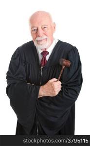 Mature friendly judge with gavel. Isolated on white.