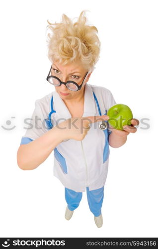 Mature funny doctor with apple isolated