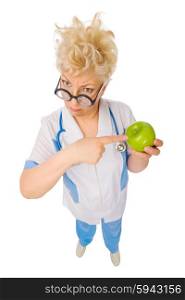 Mature funny doctor with apple isolated