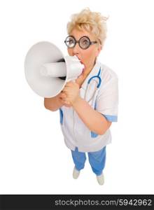 Mature funny doctor with megaphone isolated