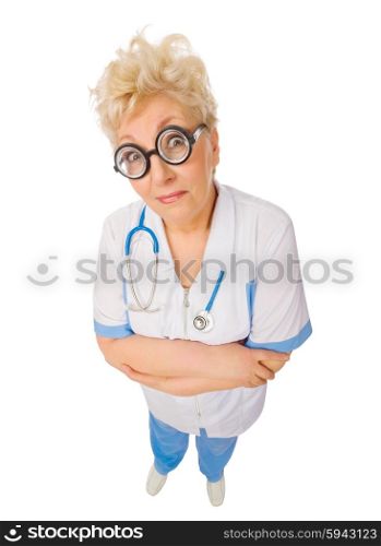 Mature funny doctor with nerd glasses isolated