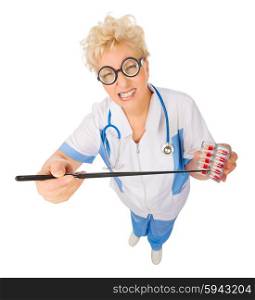 Mature funny doctor with pointer stick and pills isolated
