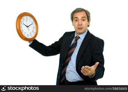 mature handsome business man holding a clock