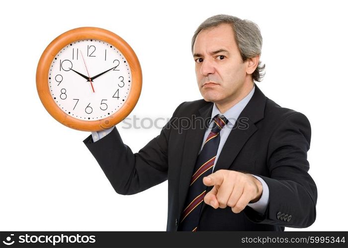 mature handsome business man holding a clock