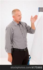 Mature handsome businessman pointing at empty flip chart looking aside
