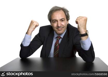 mature happy business man on a desk, isolated