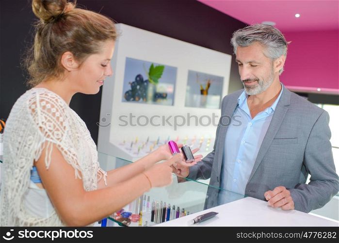 Mature man choosing an electronic cigarette