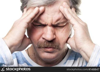 mature man having very strong pain isolated on white