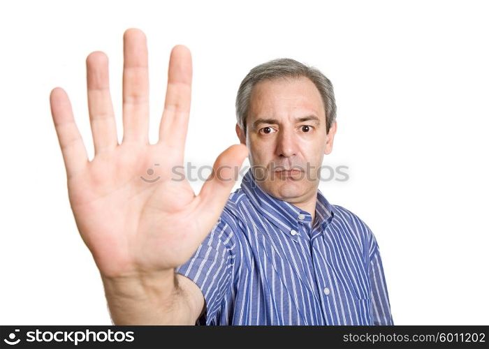 mature man making stop with his hand