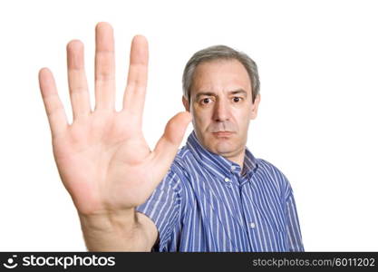 mature man making stop with his hand