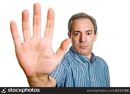 mature man making stop with his hand