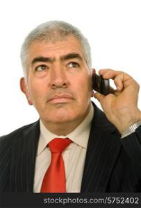mature man on the phone in white background
