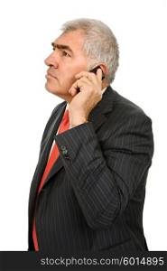 mature man on the phone in white background