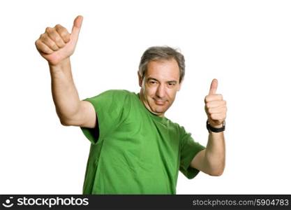 mature man playing silly, isolated on white
